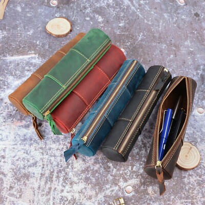 Handmade Crazy Horse Leather Pencil Case Cow Skin Storage Bag (Text me Color )