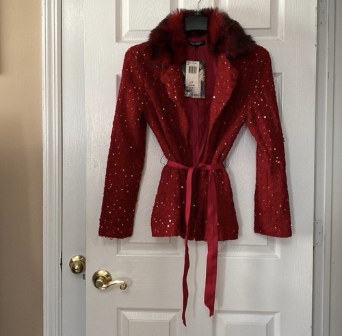VTG 90’s Betsey Johnson Red Sequin faux fur collar Sweater Coat Jacket - Picture 2 of 16