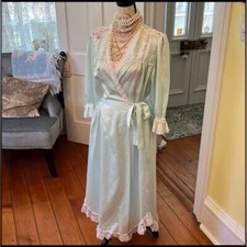 Vintage Christian Dior Designer Sz S Mint Aqua Satin Lace Ruffle Robe