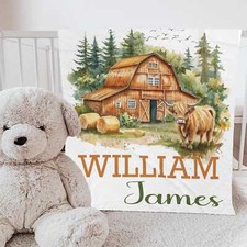 Personalized Farmhouse Baby Blanket - Rustic Highland Cow Baby Shower Gift