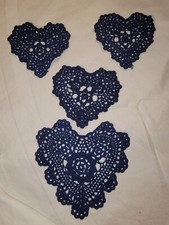 4 Vintage Handmade Crochet Heart Doily Floral Doily Navy Blue Sizes In Descripti