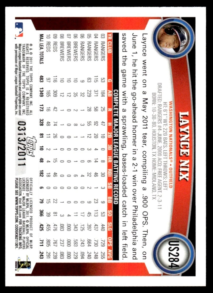 2011 Topps Update Gold Laynce Nix 0313/2011 Washington Nationals #US284 - Image 2 of 2