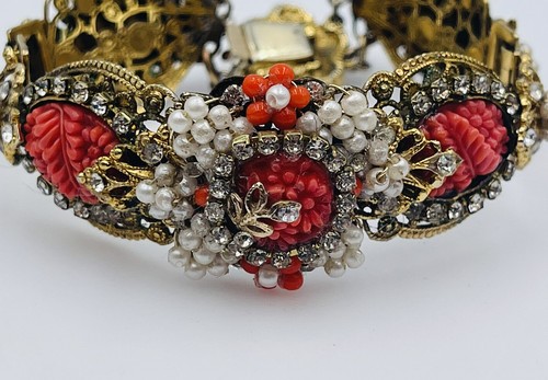 Miriam Haskell Vintage Gold Plated Pearl & Pink Orange Celluloid Flower Bracelet - Picture 2 of 8