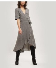 GANNI Check Crepe Printed Wrap midi dress Size AU 8- Black/white