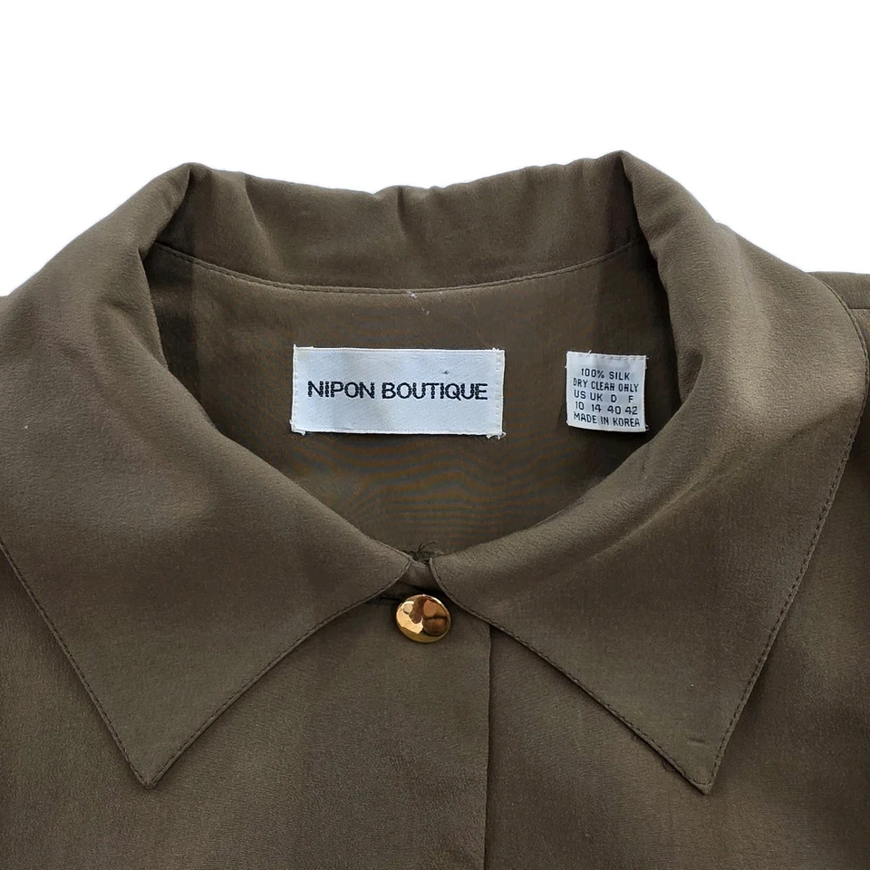 Тихий роскошный Nipon бутик шелк платье женщин 10 коричневый Midi цельный собранными в Рюш... - Изображение 3 из 4