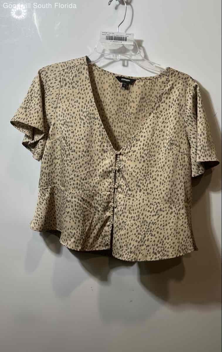 Express Womens Brown Beige Leopard Print Short Sleeve Peplum Blouse Top Size S