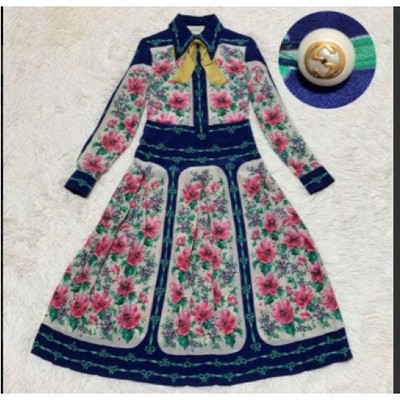 Gucci Silk Long Dress Bow Tie Floral Print Navy Pink Green Size 38 Made in Italy