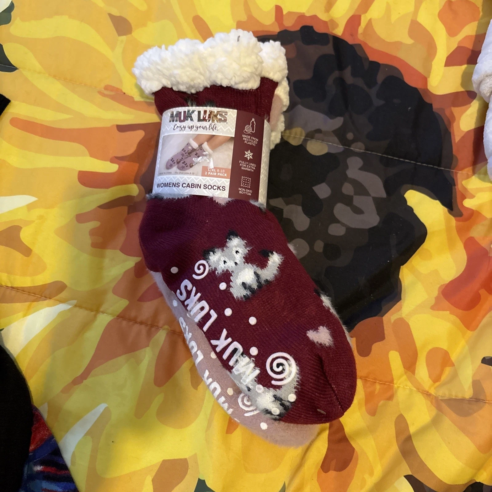Muk Luks Womens Cabin Socks L/XL 8-10 2 Pair Pack Plush Fuzzy Non-Slip Slipper