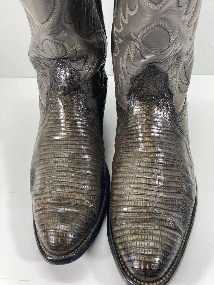 Botas masculinas Nocona Teju Lizards tamanho 11 D couro cinza rodeio ocidental vintage década de 1970 - Imagem 3 de 4