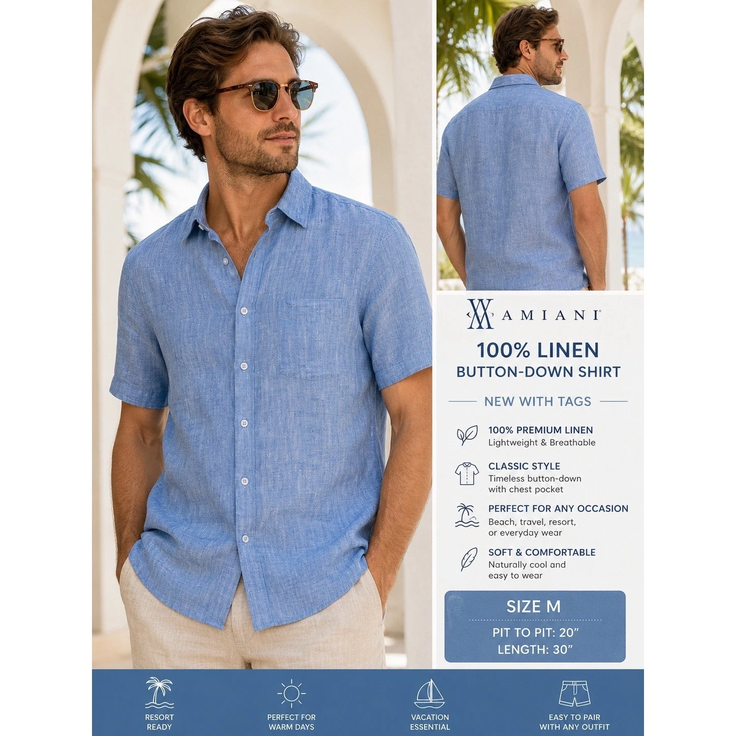 Amiani Mens 100% Linen Button Down Shirt Short Sleeve Blue Resort Wear Size M