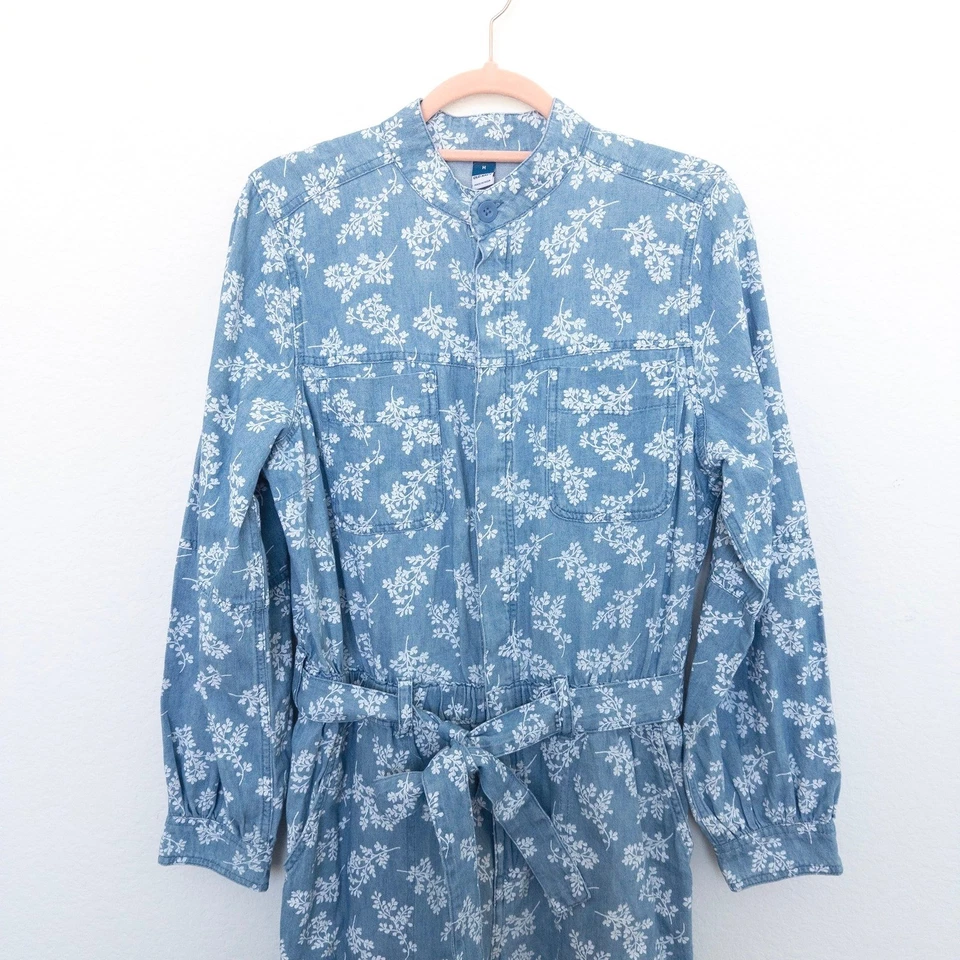 Old Navy Womens Denim Jumpsuit Sz M Blue Floral Long Sleeve Boho Cottage Utility - Image 2 of 4