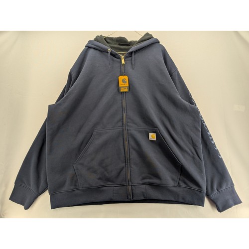 Neu mit Etikett Carhartt lockere Passform Fleece-gefütterter Hoodie mit Logo-Grafik und durchgehendem Reißverschluss marineblau Gr. 2XL - Bild 3 von 7