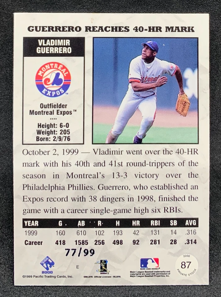 2000 Pacific Private Stock VLADIMIR GUERRERO Sr. Expos Angels Gold SP /99 #87 - Image 2 of 3