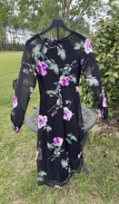 Lulus Womens Small Black Floral Midi Dress Sheer Sleeve Long Sleeve Fit Flare