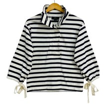 J Crew Women's Sweatshirt Size XXS Blue White Striped Snap-Neck Long Sleeve Top
