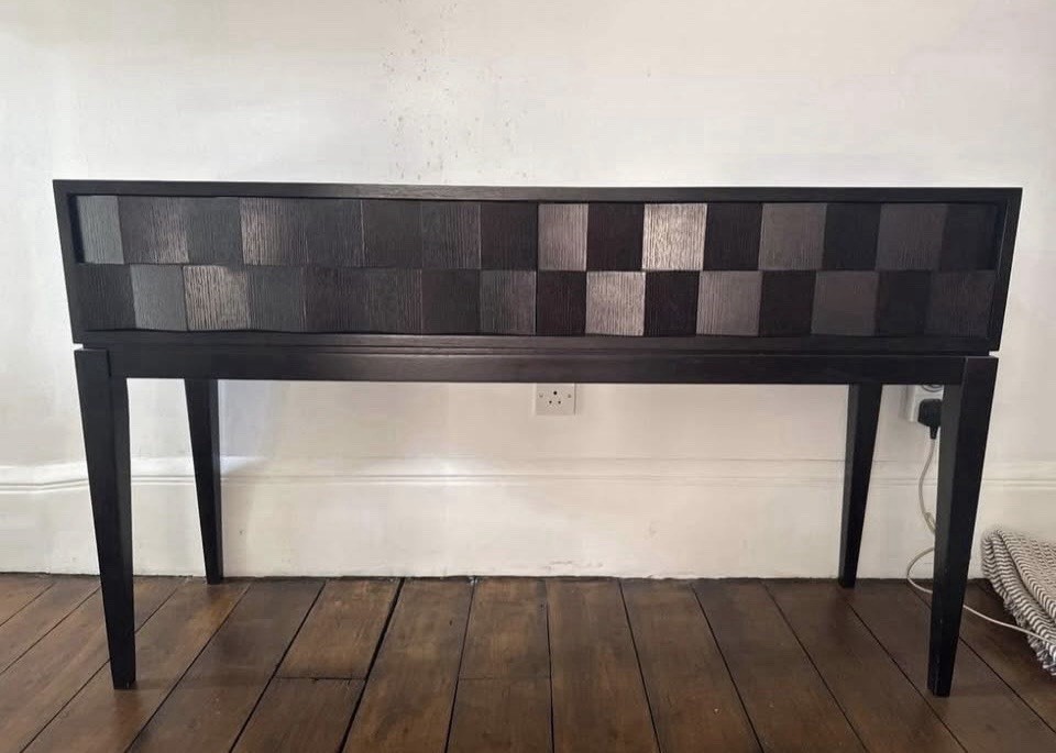 Dark Stained Solid Oak Wood Console Table With Two Drawers