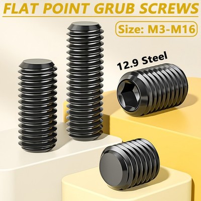 M3-M16 FLAT POINT GRUB SCREWS 12.9 HIGH TENSILE BLACK SOCKET SET SCREW DIN 916