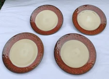 Set (4) Pier 1 Imports RED SCROLL 8.25" Salad Dessert Stoneware Plates Red Beige