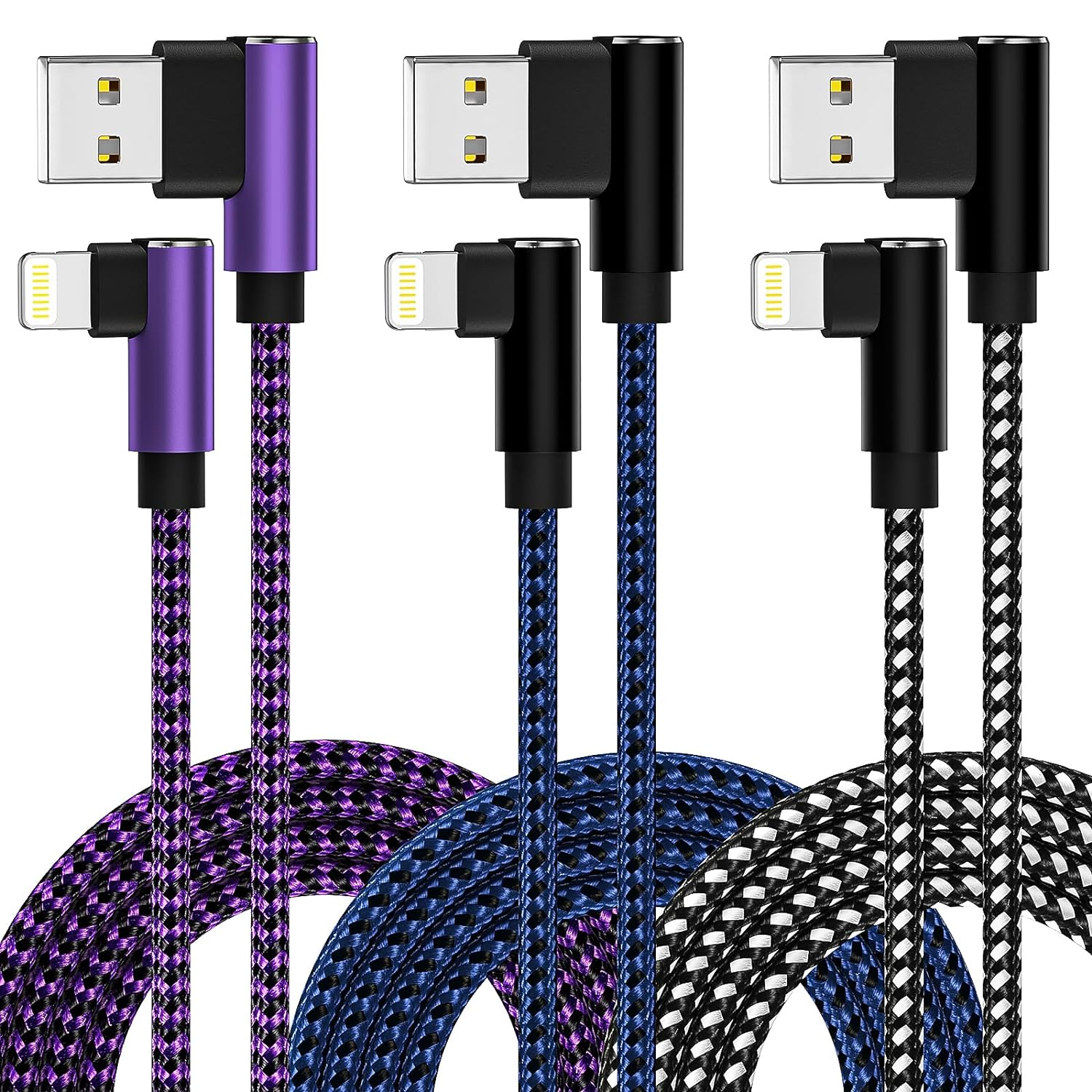 Iphone Charger 10 Ft 3 Pack Lightning Cable Apple Mfi Certified 90 Degree Fast C-image