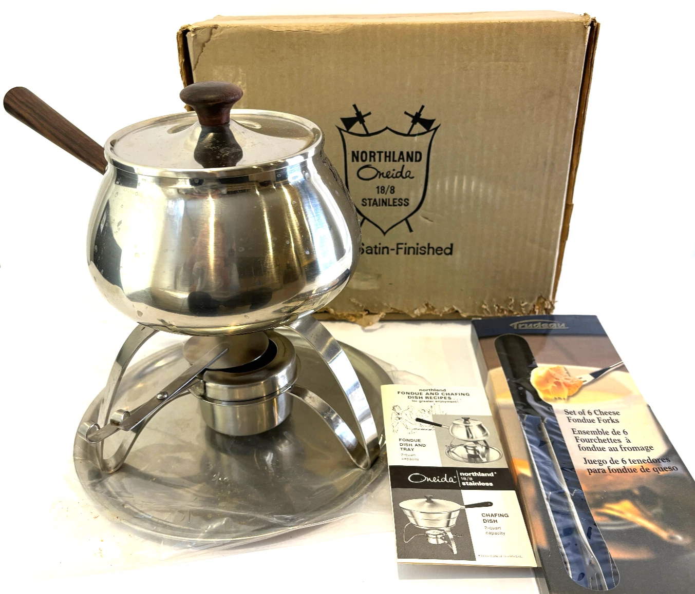VTG Oneida Northland Satin Stainless Fondue Pot Wooden Handle 2 qt w/NIB 6 Forks