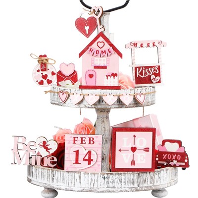 15 Pieces Farmhouse Tiered Tray Decor Wood Tabletop Be Mine Love XOXO Wooden ...