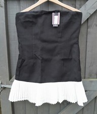 Prettylittlething Size UK 12 Black White Bandeau Pleated Hem Mini Dress RRP £50