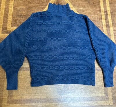 Cupio Navy Blue Rose Knit Ribbed Long Sleeve Mock neck Crop Sweater Women Sz S