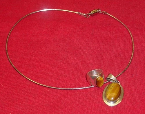 VINTAGE TIGER EYE .925 SILVER PENDANT HAN ITALIAN NECKLACE MEXICAN RING SET