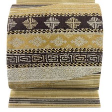 Japanese Silk Fukuro obi Yellowish brown Geometry Stripe Foil Masterpiece 069725
