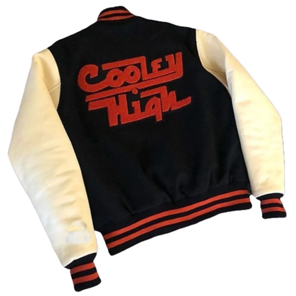 Chaqueta universitaria Cooley High 1975 de lana negra y cuero blanco para hombre Foto 2 de 4