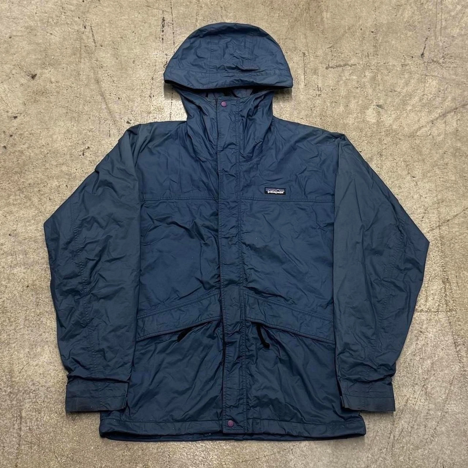 Vintage 90s Patagonia Hooded Anorak Cargo Rain Jacket Small Navy Blue Outdoors