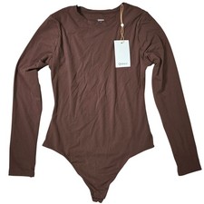 Quince Womens Second Skin Long Sleeve Crew Neck Thong Bodysuit Brown Size M NWT