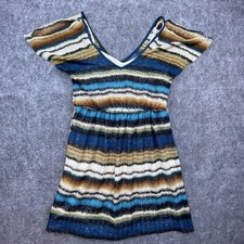 iZ Byer Dress Womens Small Blue Brown Striped Open Shoulder Lined Beachy Knit