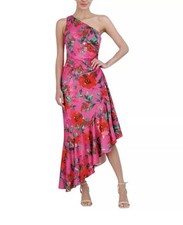 Eliza J NWT Pink Floral Satin One Shoulder Asymmetric Hem Midi Dress Size 14W