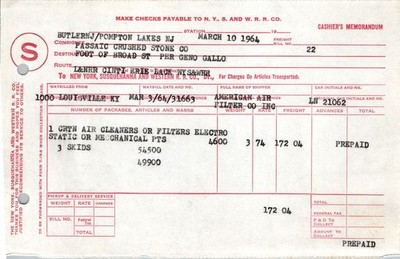 1964 NYS&W Railroad Cashier's Memorandum Freight Bill Pompton Lakes NJ