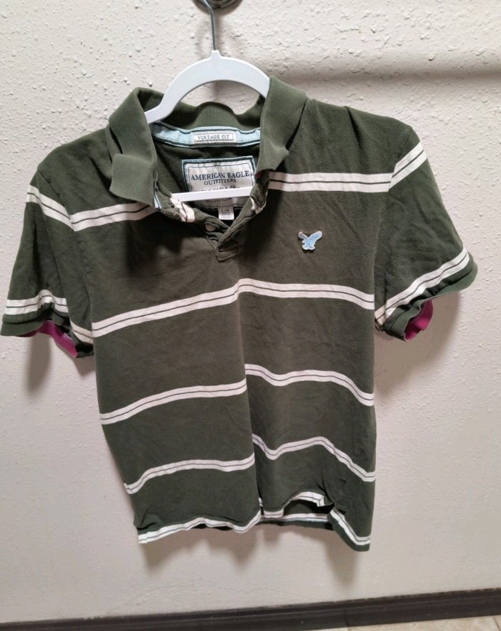 American Eagle Outfitters The Eagle Polo Vintage Fit Green Striped Shirt L