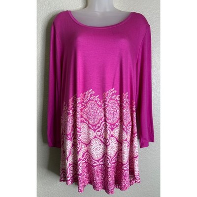 JM Collection 1X Tee Top Petunia Pink Medallion Border Print Scoop Neck Boho NEW