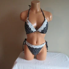 Unknown Brand Tie Side Bottom & Tie Neck/Back Top Swim Set Black/White Dot S