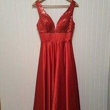 Sleeveless Formal Gown Womens 2 Red Sequin Upper Satin Skirt Pockets Handmade