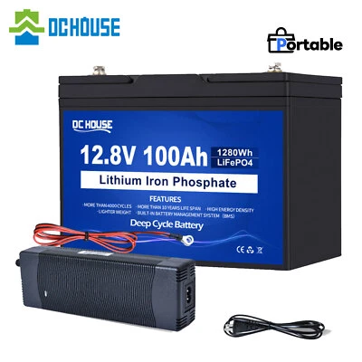 DC HOUSE 12V 100Ah LiFePO4 Lithium Battery Deep Cycle w/100A for Solar RV Off-grid Power