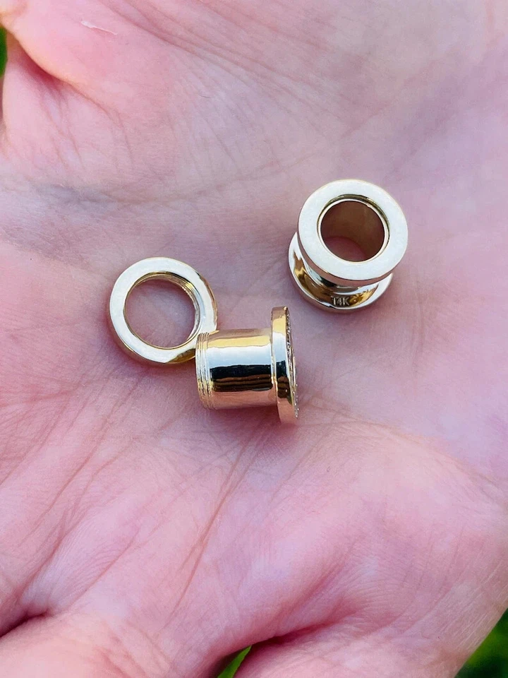 14k Solid Gold Gauges Ear Plugs Double Flared Screw Fit Flesh Tunnels w/ Diamond - Image 4 of 4