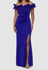 Xscape Women's Blue Ruffled Ruched Scuba Fit & Flare Gown Dress Size 6