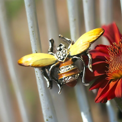 Brooch, Bee Pin Enamel Rhinestones Yellow Enamel Wings Brown Accents, (E106)