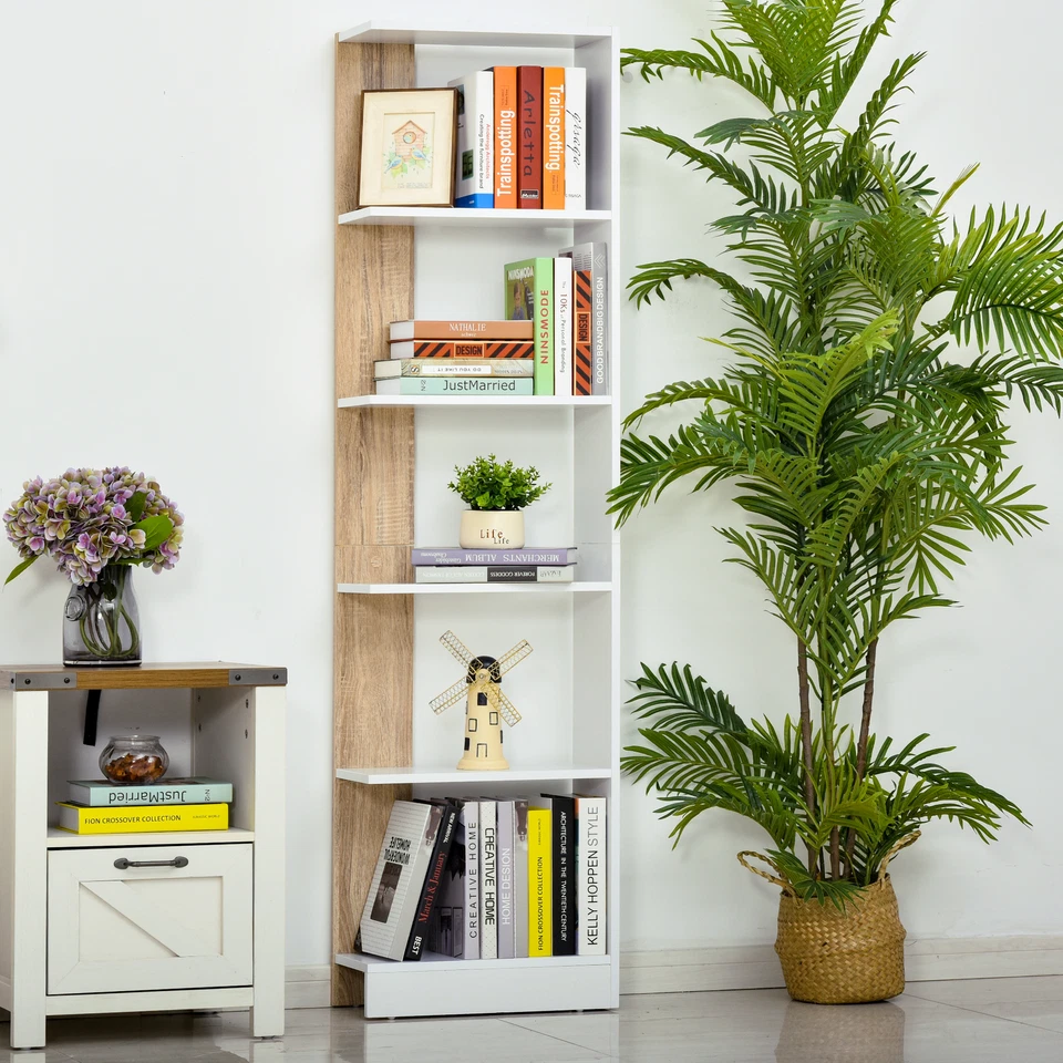 Scaffale Libreria a Parete in Legno Color Rovere e Bianco con 5 Ripiani - Immagine 2 di 4