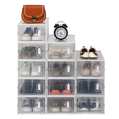12 Pack Space Saving Shoe Storage Box Clear Plastic Stackable Shoe Organizer