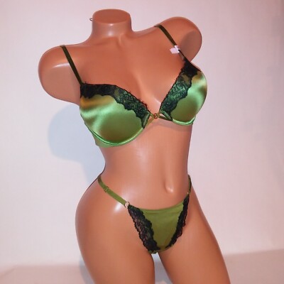 Victoria Secret Bra Set Bombshell Push Up V String Thong Panty Green Black New