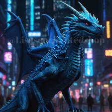 Digital Image Desktop Wallpaper AI Art - Blue Dragon in the Big Night City