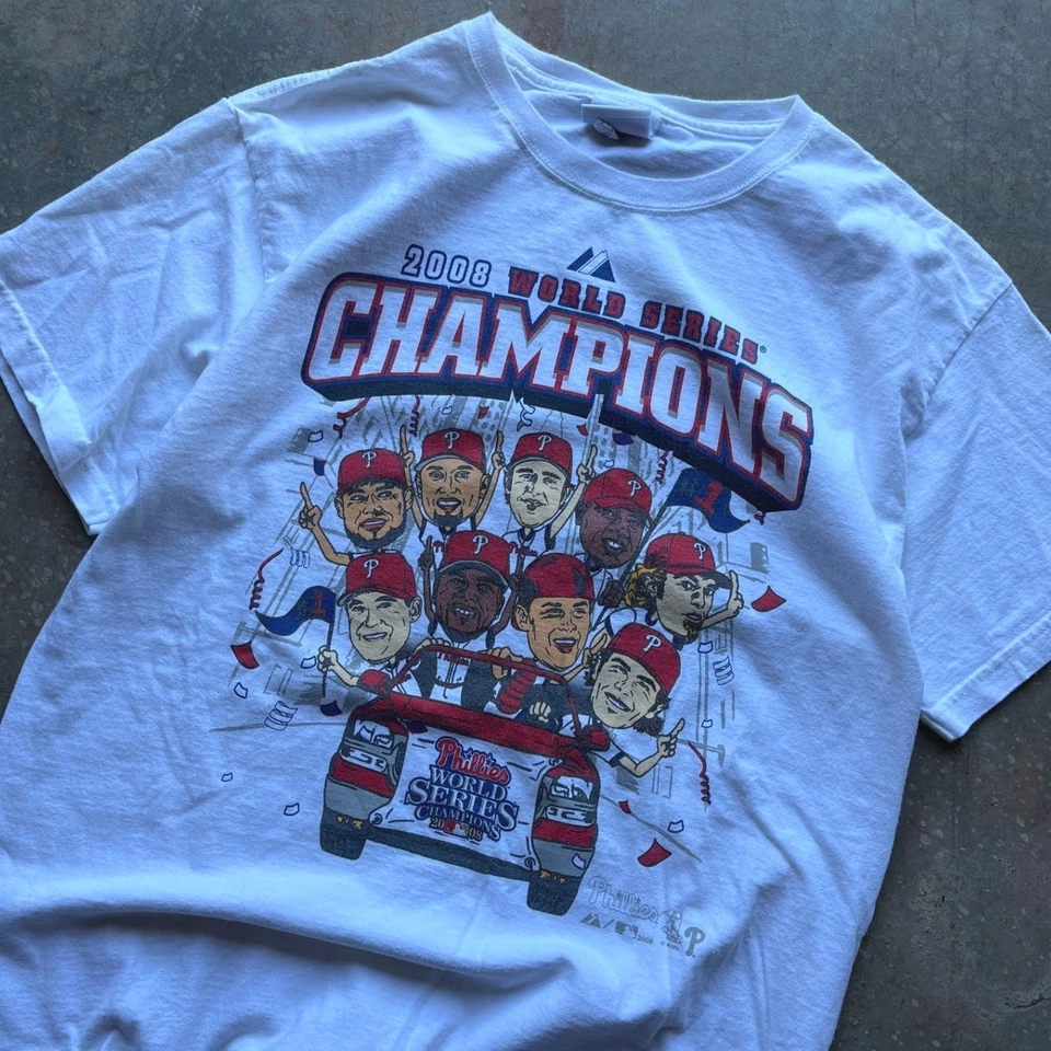 Philadelphia Phillies 2008 Serie Mundial Campeones Camiseta Majestuosa Hombres Grande Foto 2 de 4