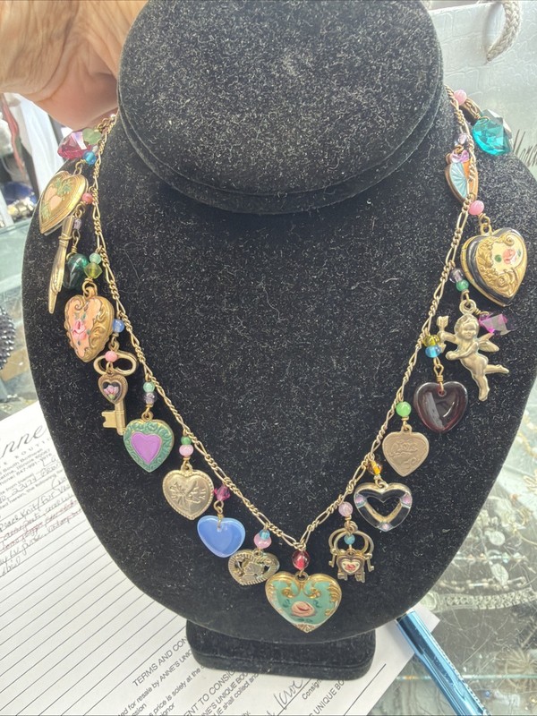 Lucy Isaacs Charm Necklace Crystal & Enamel Hearts Key Cupid Love Romance