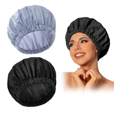 Large Reusable Waterproof Shower Cap for Long Hair & Braids - Black & Gray